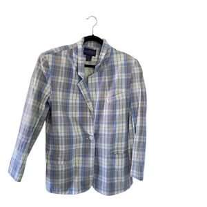 Vintage Herman Geist Plaid Blazer with Blue, Yellow, and Tan Tones. Size 12.